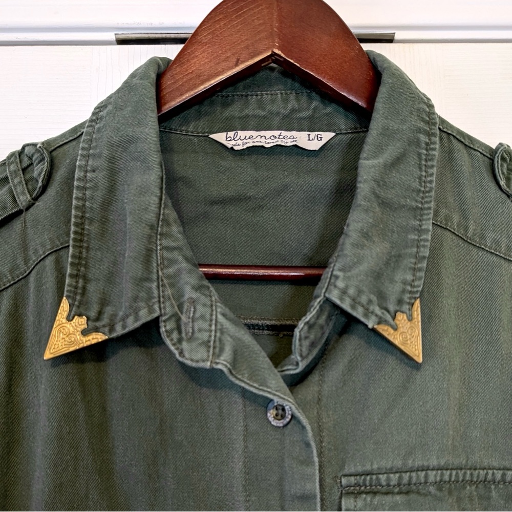100% Cotton Vintage Y2K Bluenotes Size Large Army Button Down Shirt w Gold Metal - Picture 4 of 15